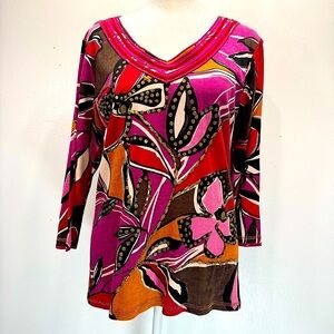 Soft Surroundings Bold Abstract Floral Beaded Sequins 100% Cotton Top Medium